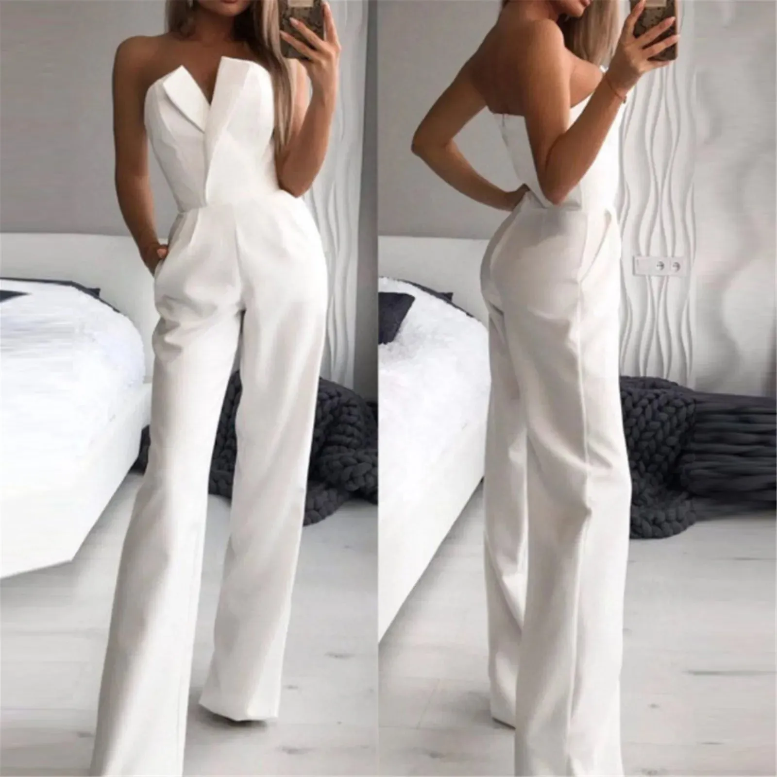 Znbbw Women Solid Tube Top Sleeveless Jumpsuits Rompers Fashion Cold Shoulder Pocket Wide Leg Jumpsuit Office Lady Elegant Suits - Image 2