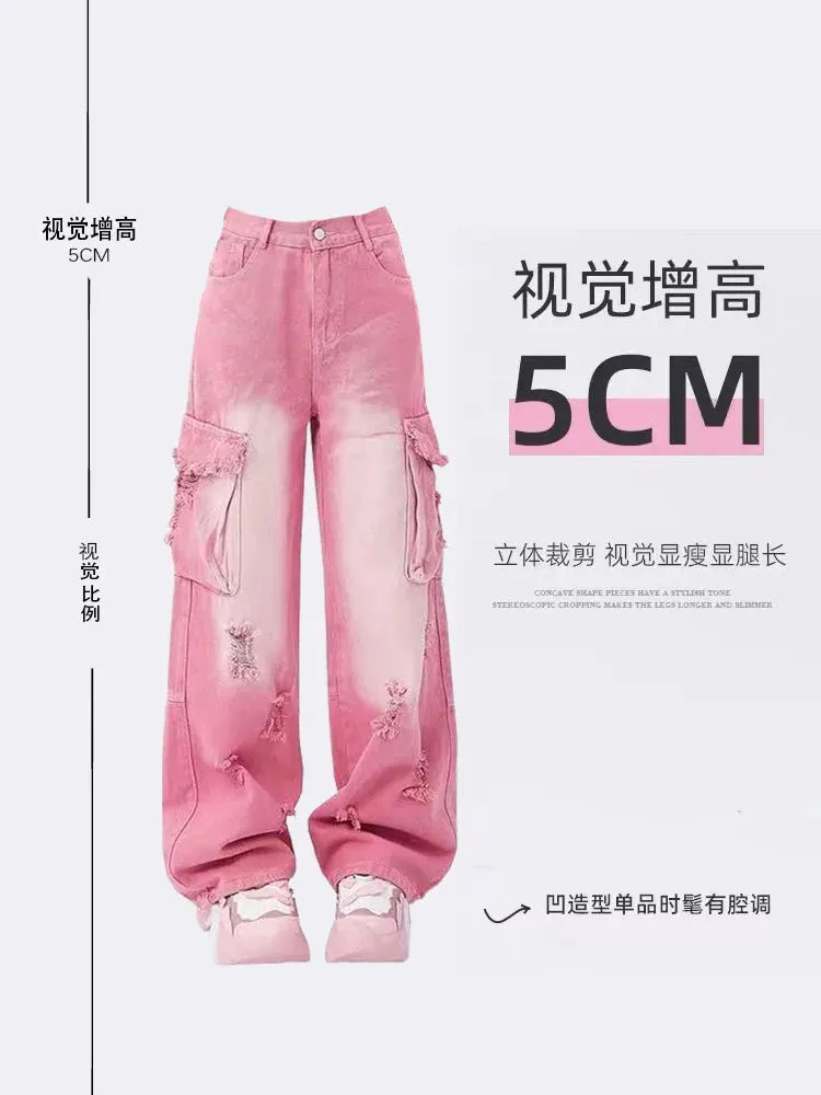 Znbbw Women's Pink Cargo Jeans Vintage 90s Aesthetic Y2k Oversize Denim Trousers Harajuku High Waist Cowboy Pants 2000s Trashy Clothes - Image 2