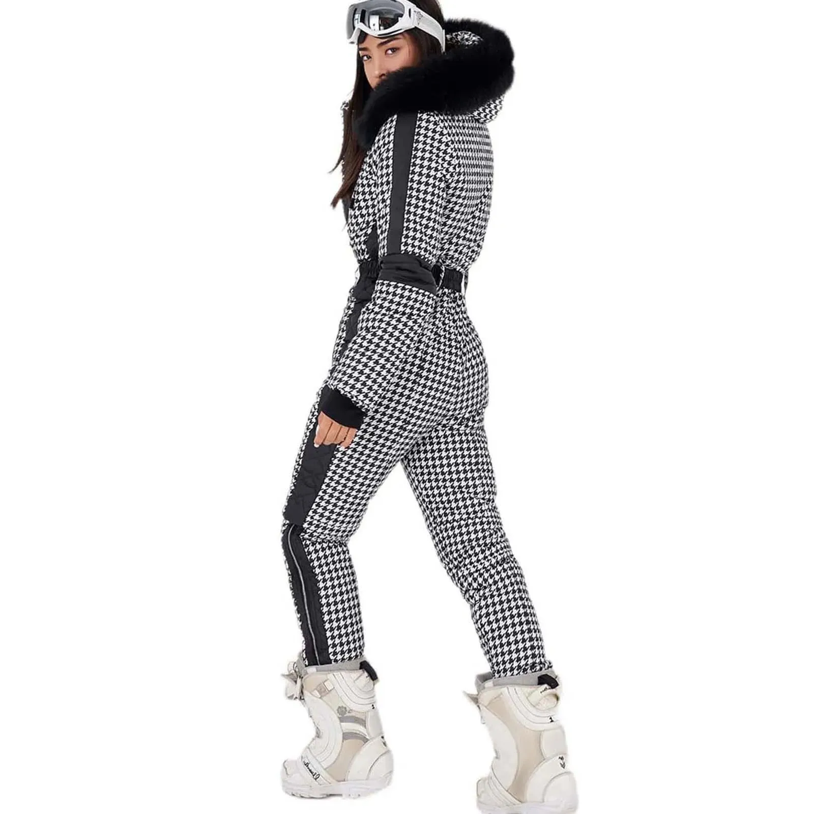 Znbbw Womens Winter Fashion Plaid Print Ski Jumpsuits Waterproof Snowsuit Outdoor Sports Removable Faux Wool Collar Coat Jumpsuit - Image 3