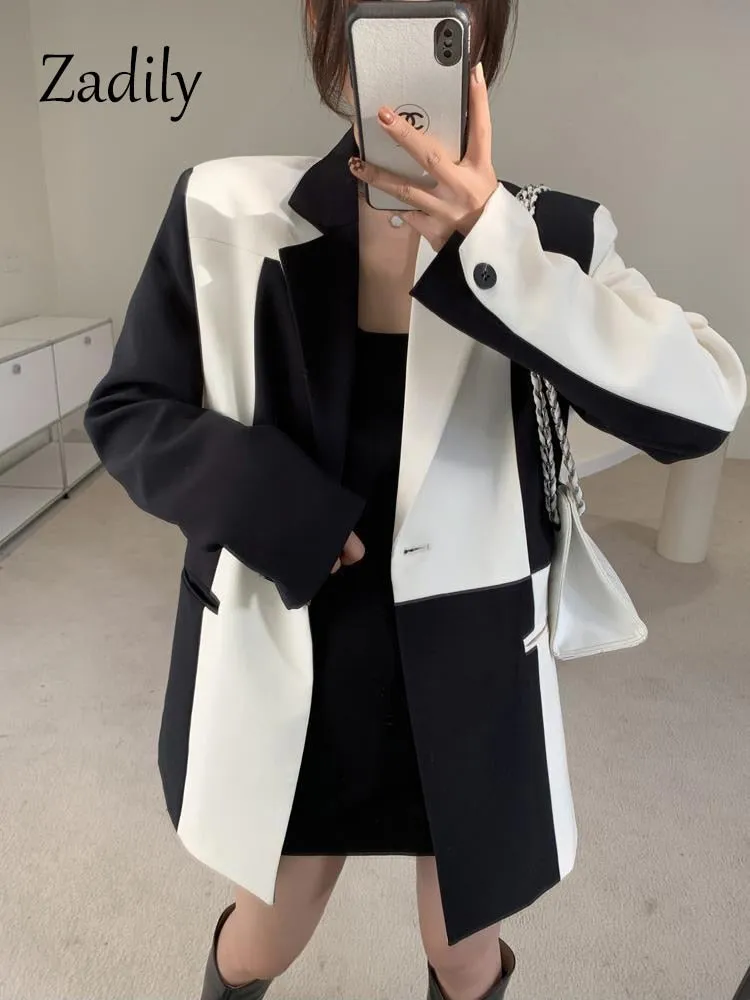 znbbw 2023 Herfst Oversize Volledige Mouw Vrouwen Lange Blazer Kantoor Dame Zwart Wit Patchwork Pak Blazer Werk Vrouwelijke Kleding Jas - Image 7