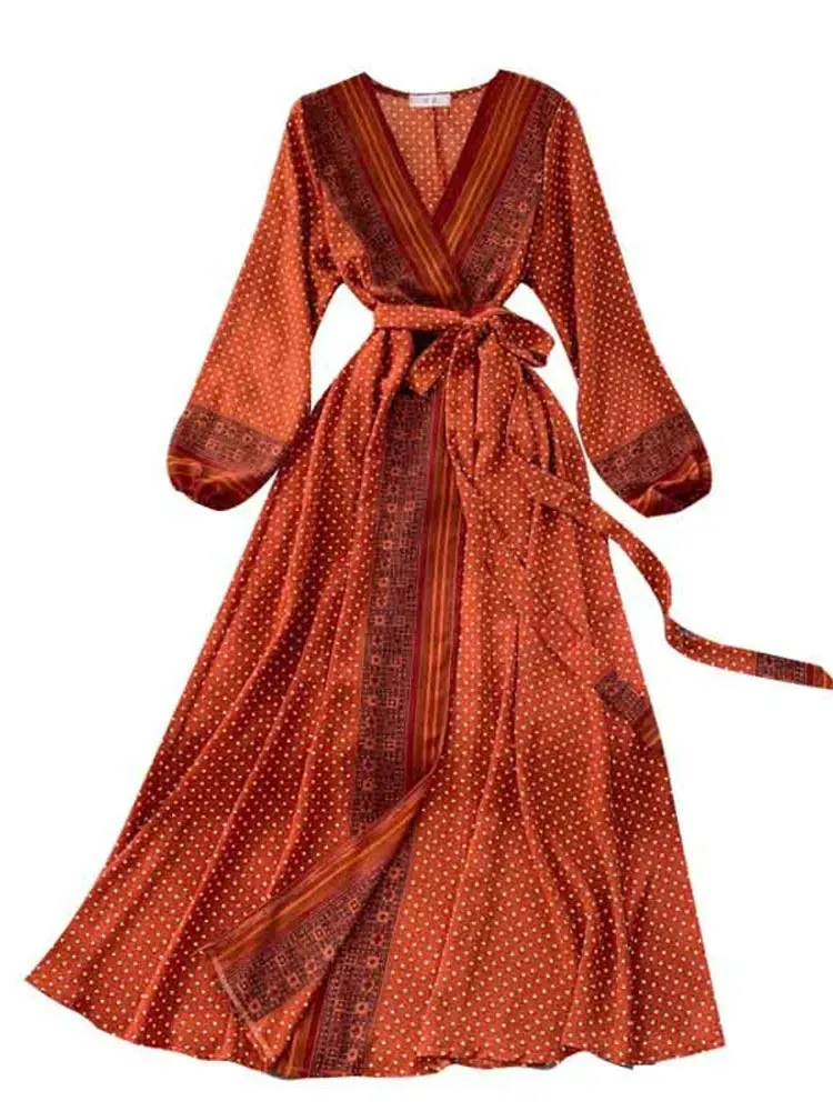 Znbbw Autumn Women's Holiday Dress 2024 New Thin Chiffon Retro Print Lace-up Waist Slim Long Dress for Women LL975 - Image 6