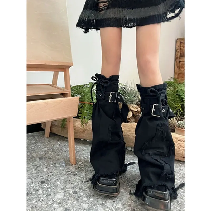 Znbbw Women's Harajuku Leg Warmers Cross Jacquard Tie-Up Gothic Calf Socks Loose Denim High Socks - Image 5