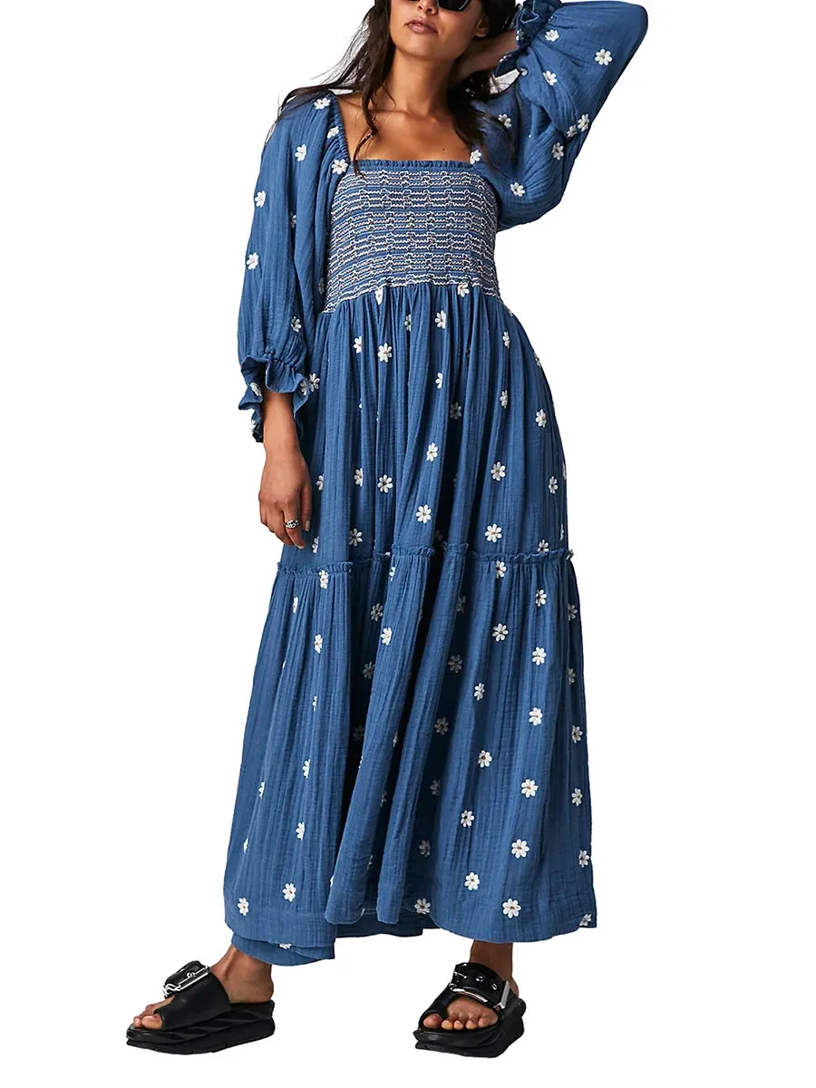 Znbbw Women's Flower Embroidered Long Dress Bodycon Lantern Sleeve Square Neck Tiered Flowy Dress Bohemian Summer Beachwear Dresses - Image 9