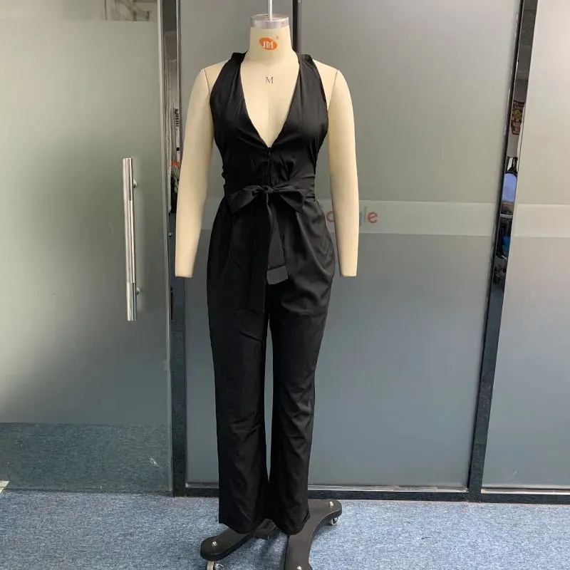 Znbbw Women Jumpsuit Fashion Sexy V Neck Sleeveless Nipped Waist Loose With Pockets Wide Legs Pants Romper High Streetwear 0410 - Image 4
