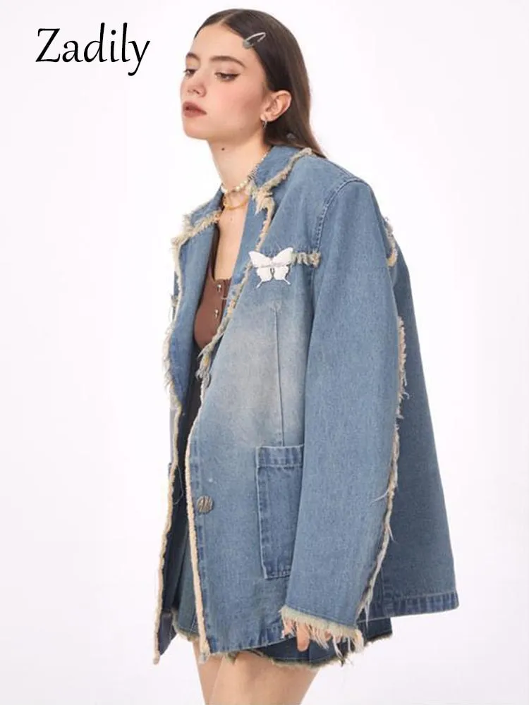 znbbw 2023 Winter Streetwear Long Sleeve Demin Blazer Women Oversize Distressed Ladies Suit Blazers Fall Female Coat Clothing - Image 3