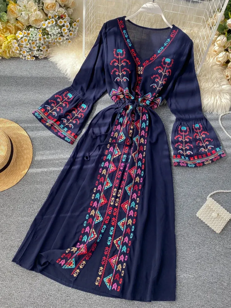 Znbbw Women's Dress Heavy Industry Embroidery V-neck Drawstring Trumpet Sleeves Ethnic Style Thin Waist Long Dresses LL040 - Image 11