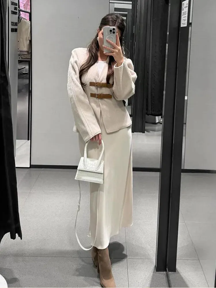 Znbbw Woolen V-neck Jacket Women 2024 Spring Summer Solid Temperament Slim Long Sleeve Buckle Coats Elegant Lady Office Overcoat - Image 2