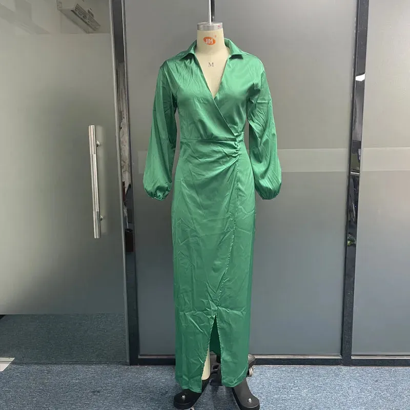 Znbbw Women Maxi Dresses Fashion Elegant Long Sleeve Lapel V Neck Pleated Solid Single Slit Beach Party Dresses - Image 3