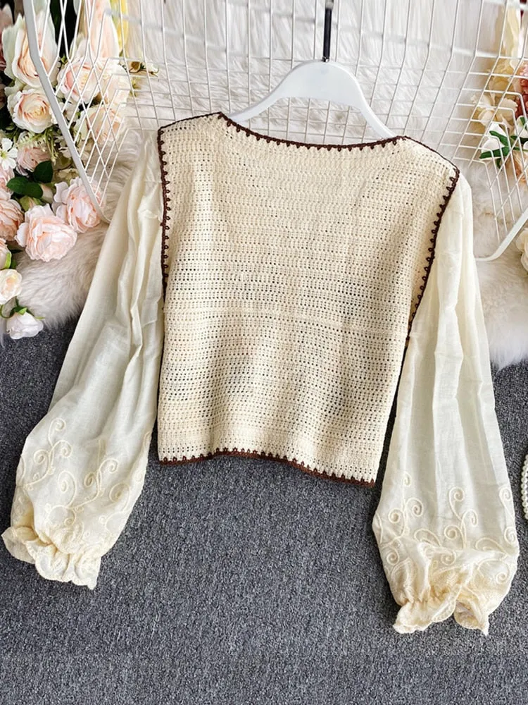 Znbbw Crochet Hollow Embroidery V-neck Long Shirt Female Spring and Autumn Temperament Sweet and Wild Short Girl Blouse UK078 - Image 2