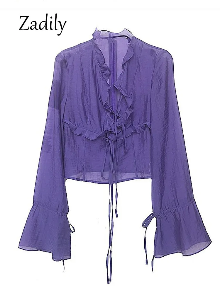znbbw 2023 Spring Sexy Ruffled Flare Long Sleeve Women Blouse Korea Style Vintage Transparent Short Chiffon Shirt Ladies Tops - Image 7
