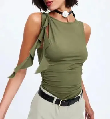 Znbbw Women's Ruched Tank Tops Tie Knot Shoulder Sleeveless Round Neck Solid Color Tops Cropped Slim Sleeveless Shirt Vests Tee - Image 2