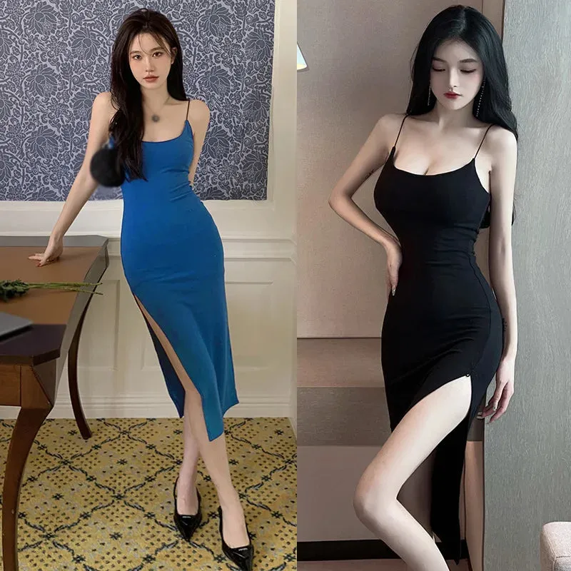 Znbbw Women's Korean Version Dress Solid Color Slit Slim Fitting Sexy Fashion Sleeveless Suspender Dress - Image 3