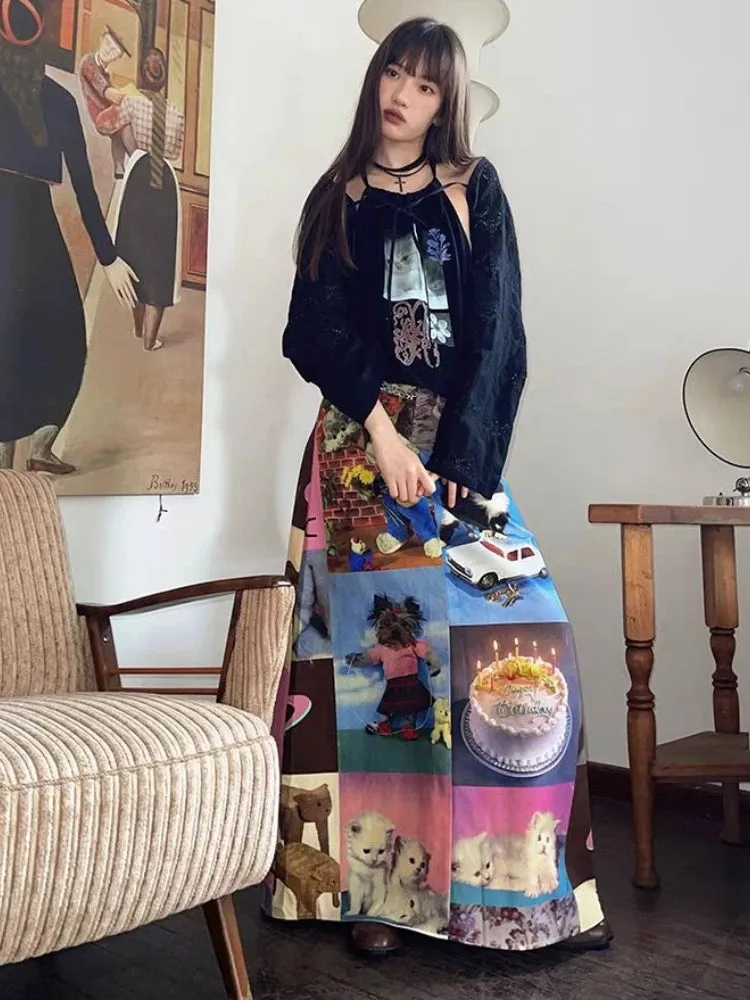 Znbbw Aesthetics Skirts for Women Cartoon Print High Waist Long Skirt Spring Summer Fashion Cute All Match Vintage Clothing - Image 4