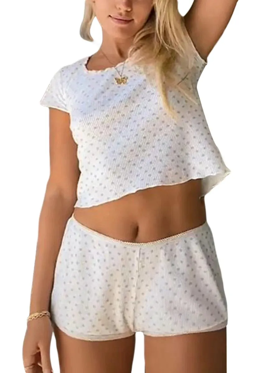 Znbbw Women Spring Summer Two Pieces Knitted Shorts Set Long Sleeve Floral T-shirts Crop Tops High Waist Shorts Outfits Streetwear - Image 7