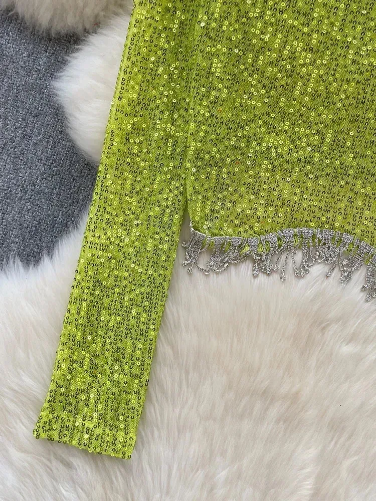 Znbbw Women Spring Autumn Blouse European American Top Design Sense Niche Sequin Base Shirt High-end Tassel Light Luxury Top D5352 - Image 4