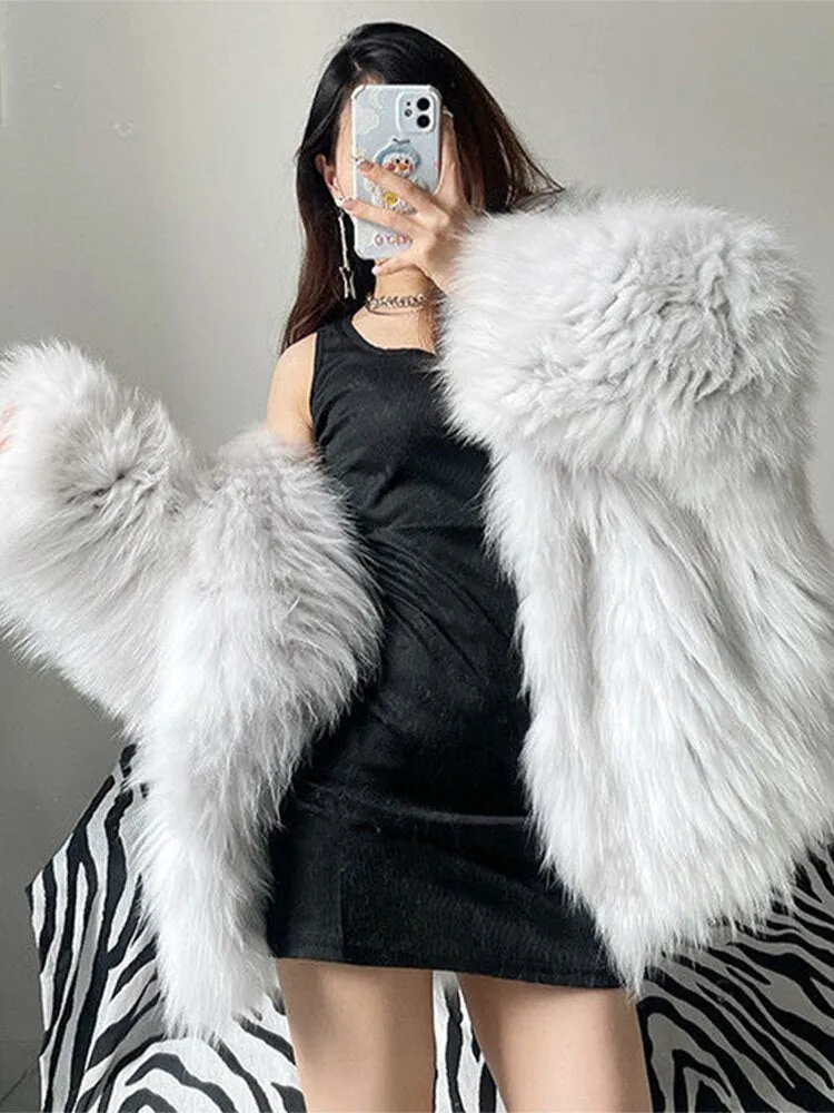 Znbbw Women Winter Loose Hooded Bat Full Sleeve Casual Faux Fur Jacket Lady Slim Thick Warm Soft Outwear 2023 New Fashion Overwear - Image 3
