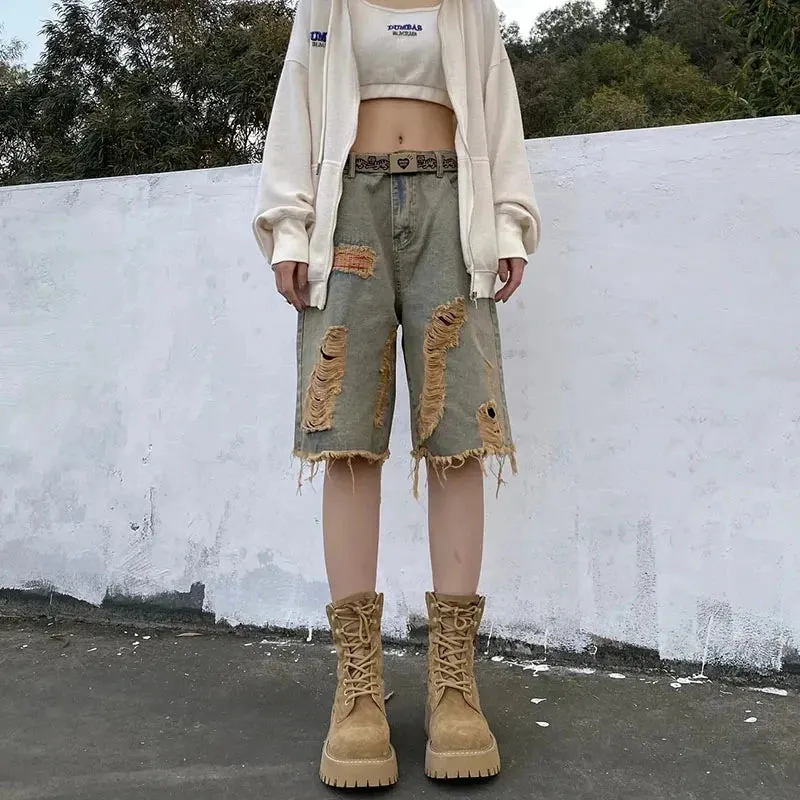 Znbbw Women Vintage Hole Denim Shorts Y2K Hip Hop High Street Jeans Shorts Bf Summer Baggy All Match Wide Leg Short Pants - Image 6