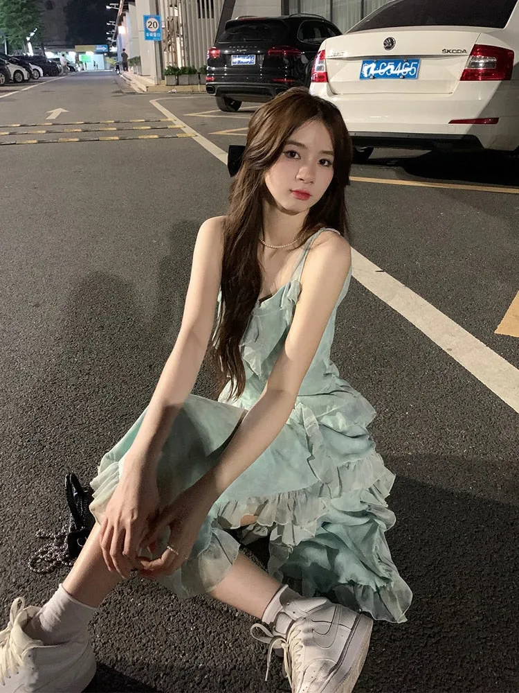 znbbw Women Summer Fairycore Backless V-Neck Asymmetrical Lady Suspender Dresses Vestido 2023 French Elegant Party Female Dress - Image 3