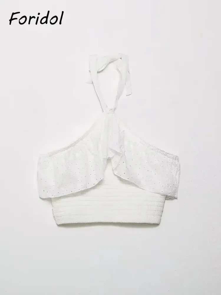 Znbbw Women Yellow Lace Halter Sexy Top Knitted Elastic Ruffles Hollow Out White Crop Top Summer Autumn Cotton Camis 2024 - Image 5