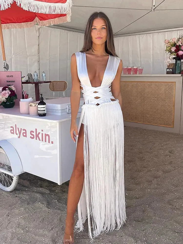 Znbbw Bandage Tassel Patchwork Hem Long Dress Women Sexy Off Shoulder Sleeveless Backless Dresses 2024 Lady Beach Party Robes - Image 4