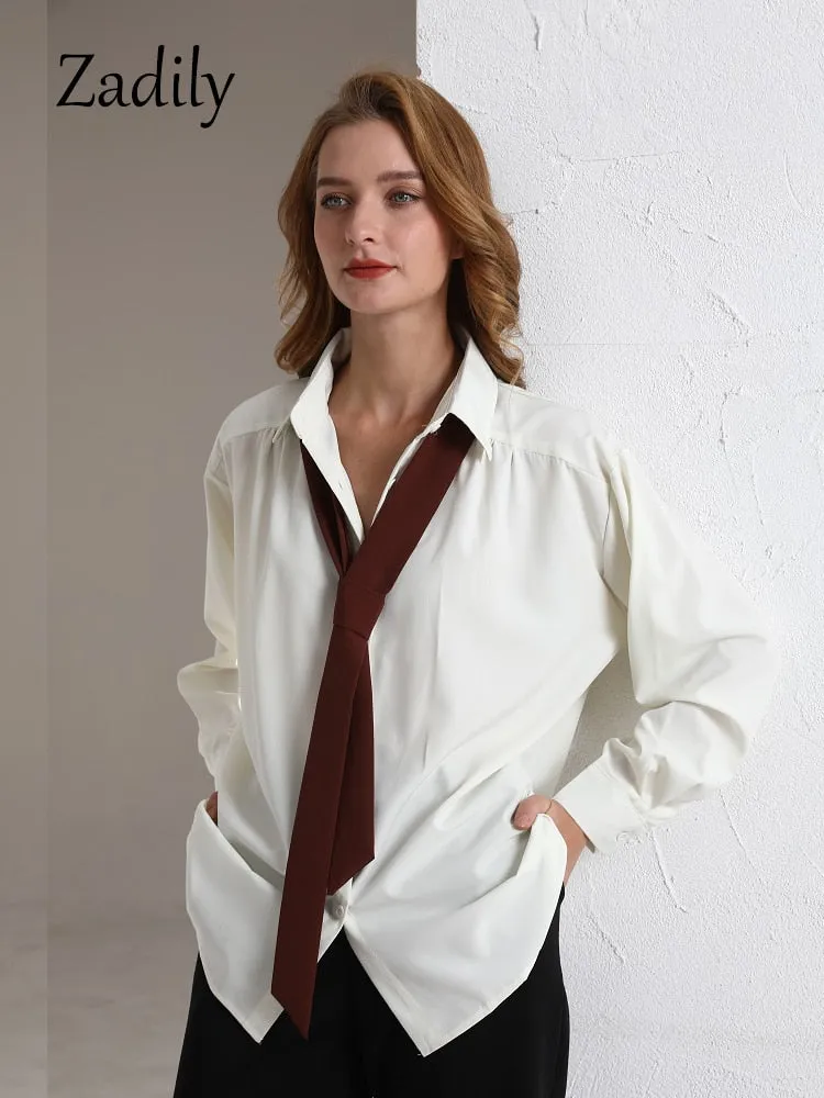 znbbw 2023 Spring Minimalist Long Sleeve Button Up Shirt Women Korean Style Solid Tie Oversize Shirts Blouse Loose Clothes Tops - Image 4
