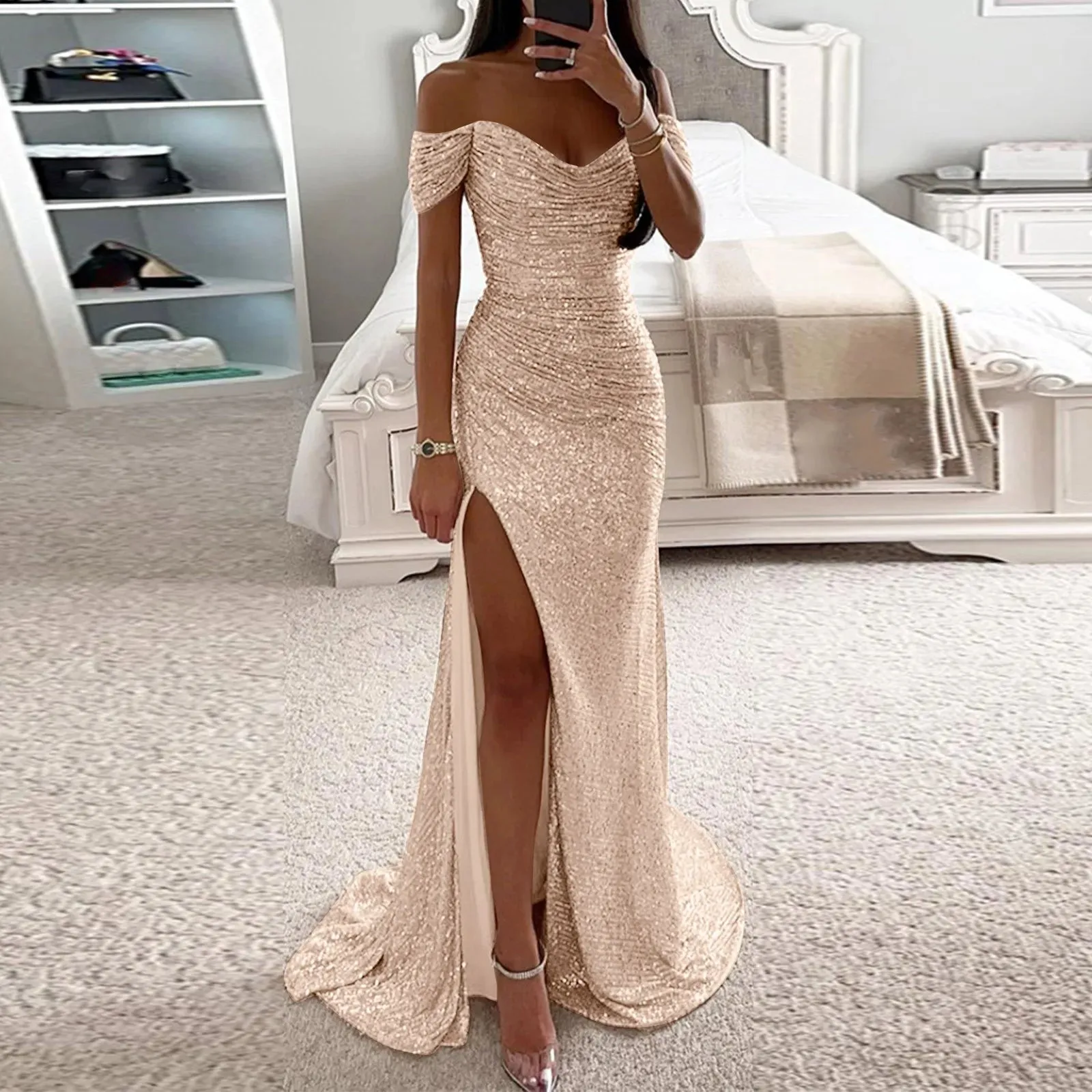 Znbbw Women's Sexy Strapless Sequins Evening Prom Dress Chic Off Shoulder High Slits Sparkling Party Maxi Dress Female Bridemaid Dress
