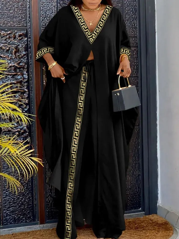 Znbbw Women Printed Pant Sets Summer Loose High Split Top Sundress High Waist Flare Wide Leg Pants Set Female Casual Two Pieces Set - Image 6