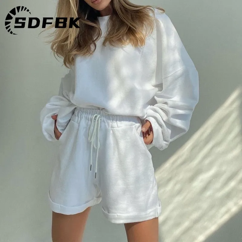 Znbbw Women Solid Tracksuits Casual Long Sleeve Pullover with Pockets Shorts Two Piece Set Sport Fashion Loose Matching Sets Outfits - Image 2