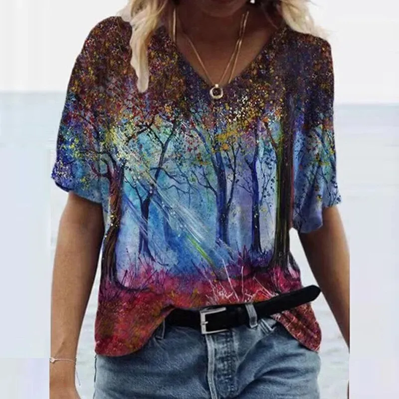 Znbbw 3D Floral Print T-shirts Women Fashion Short Sleeve Loose Tops Casual V-neck High Street Tee Plus Size Top Streetwear - Image 4