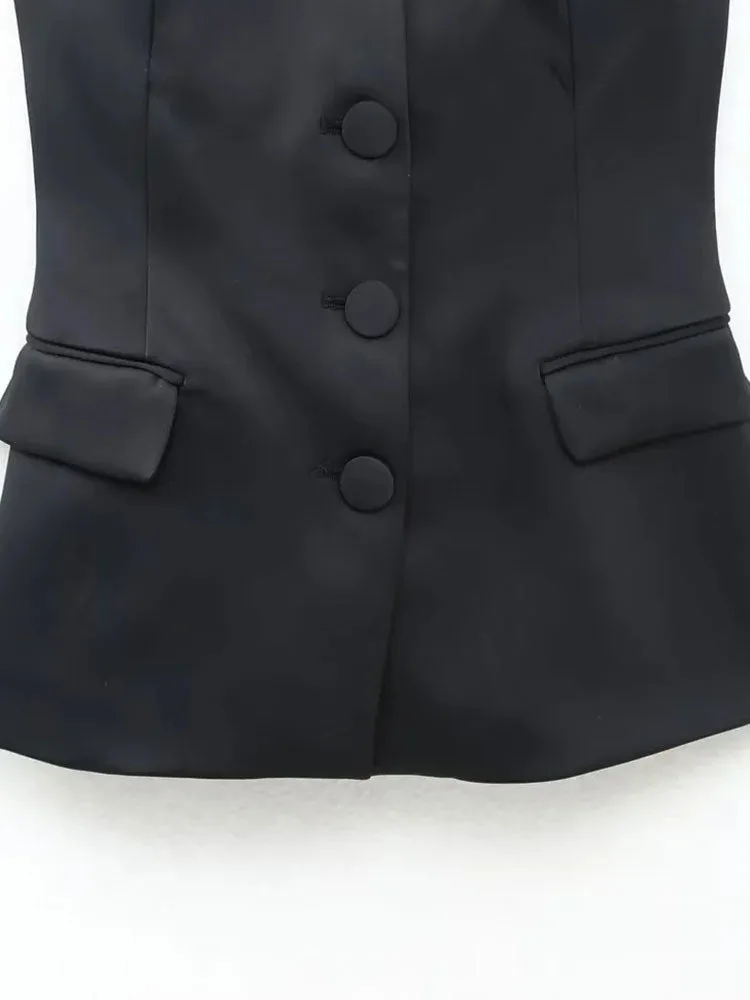 Znbbw 2023 Woman 2 Pieces Vest Sets Single Breasteed Filp Over Underwear Vest + Split Straight Trousers Causal Women Suits - Image 5