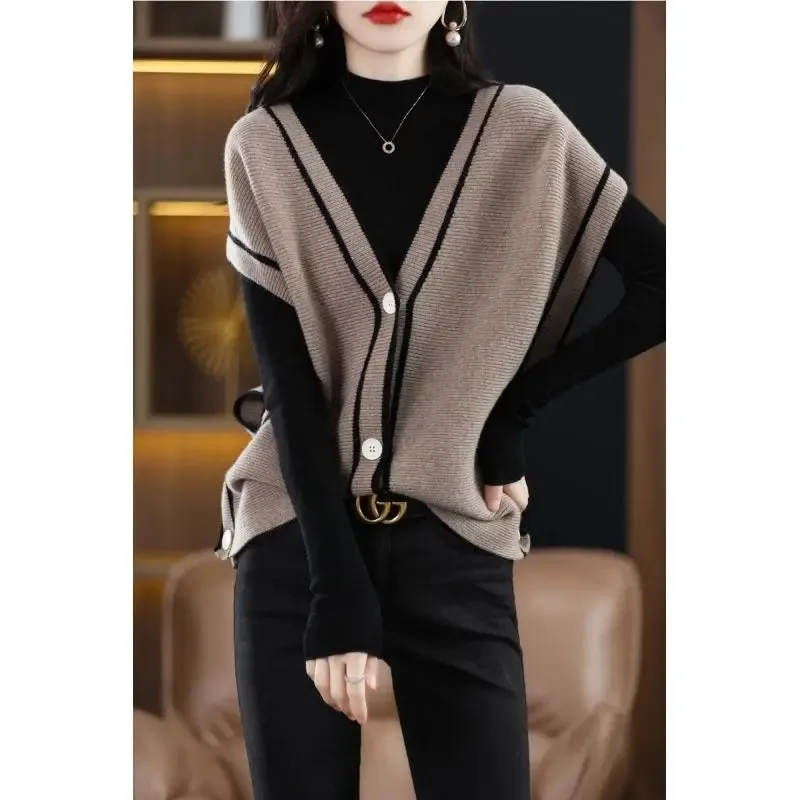 Znbbw and Winter V-neck Knitted Cardigan Vest Women Contrast Color Loose and Versatile Sleeveless Tank Top Sweetheart Vest - Image 5
