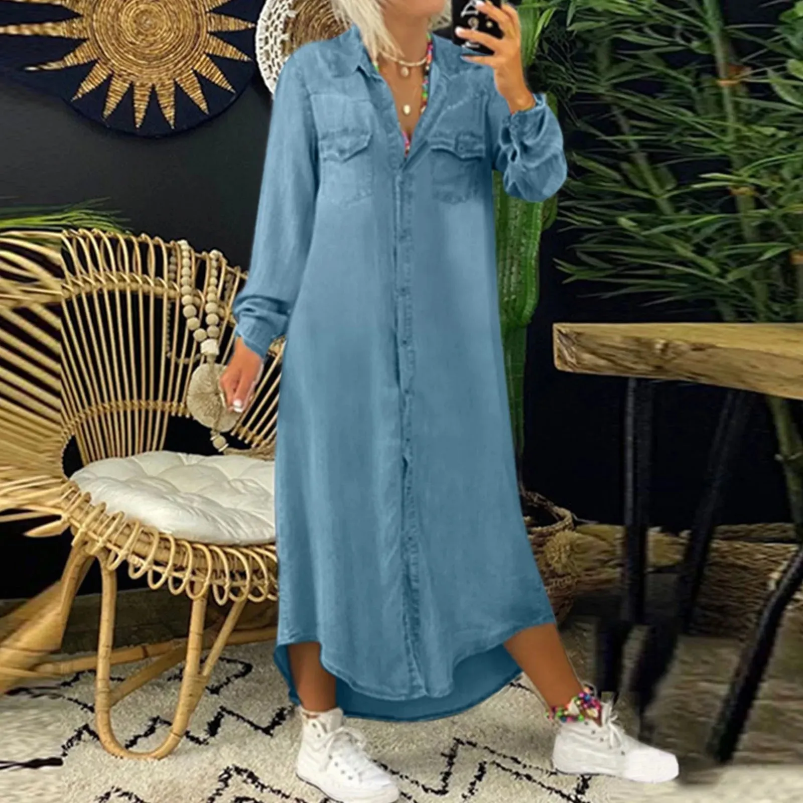 Znbbw Women Vintage Casual Solid Denim Dress Summer Fashion V Neck Long Sleeve Button Pocket Loose Long Maxi Dress Mother Day GIfts