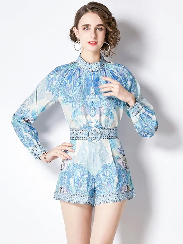 Znbbw 2 Piece Shorts Set Women Stand Collar Long Sleeve Single Breasted Print Blouses + Mini Pockets Belt Shorts Suit N2159 - Image 2