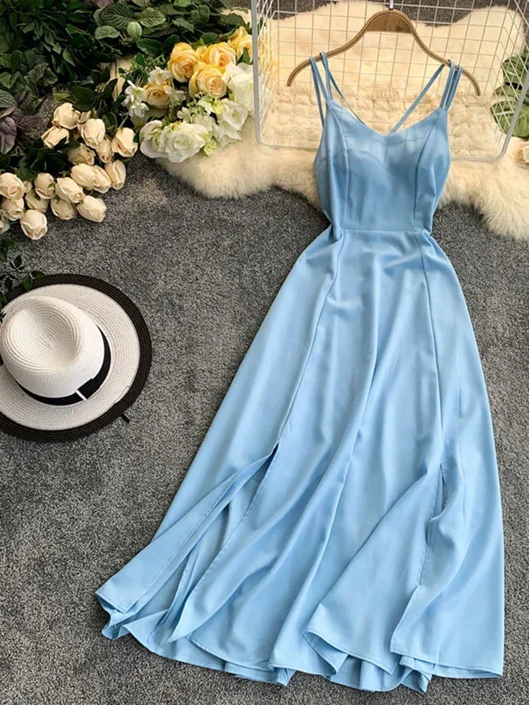 Znbbw Women's Holiday Long Dress Cross Sling Backless Solid Color Dress Beach Style Sexy Split Swing Dress Women Purple Dreess GD356 - Image 8