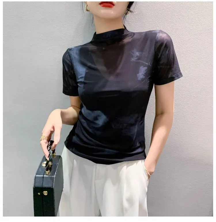 Znbbw Autumn Mesh Tshirts Women Short Sleeve Half Turtleneck Printed Floral Tees Girls Slim Elastic T Shirts Tops BH3878 - Image 4