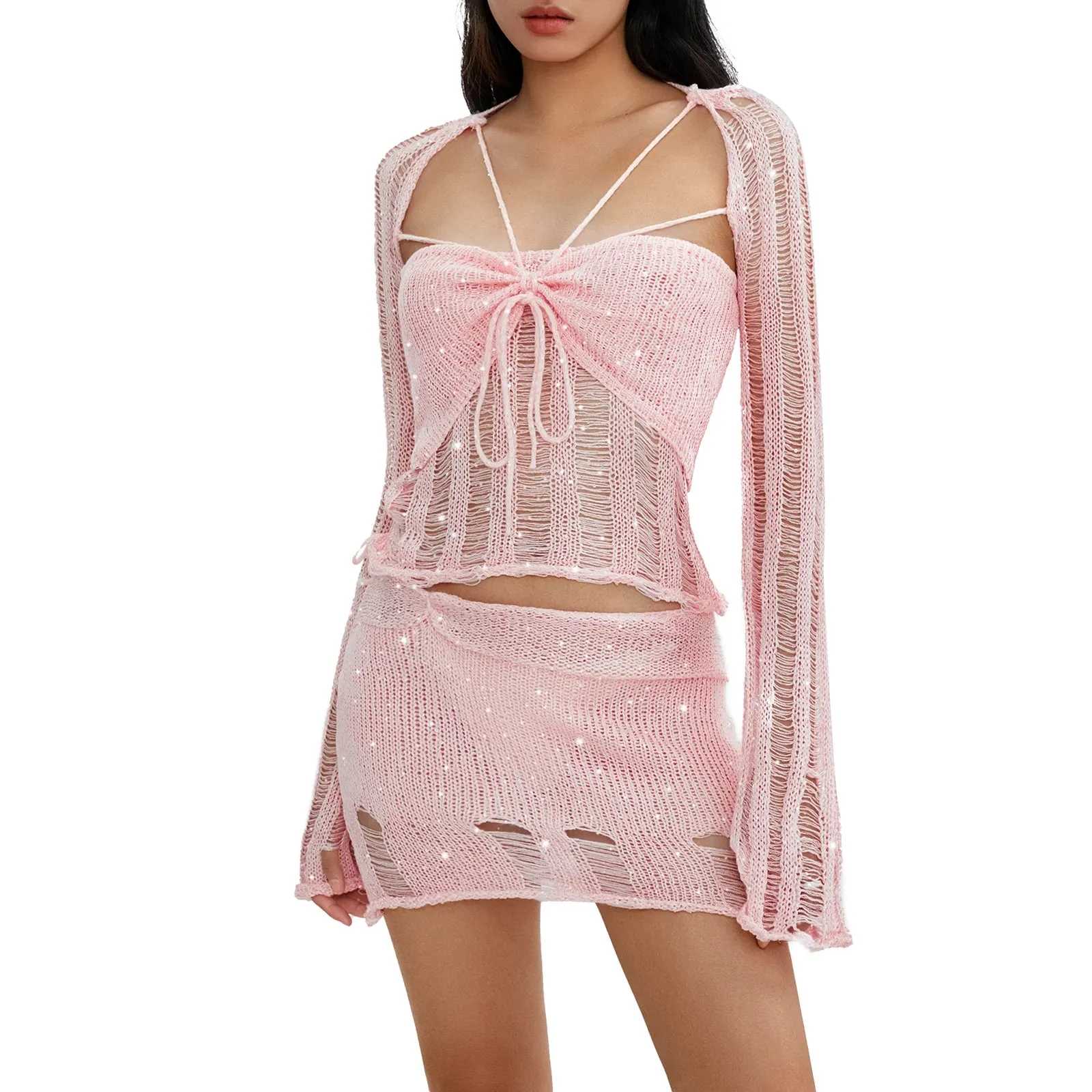 Znbbw Women Sequins Crochet Knit 2 Piece Skirts Sets Hollow Out Knitted Crop Tops Bodycon Mini Skirt Set Beach Vacation Outfits - Image 11