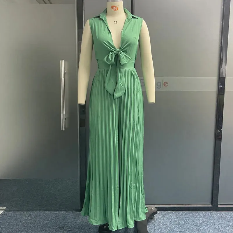 Znbbw Women Jumpsuit Summer Fashion V Neck Sleeveless Lapel Solid Pleated Lace Up Loose Wide Legs Romper High Streetwear - Image 4