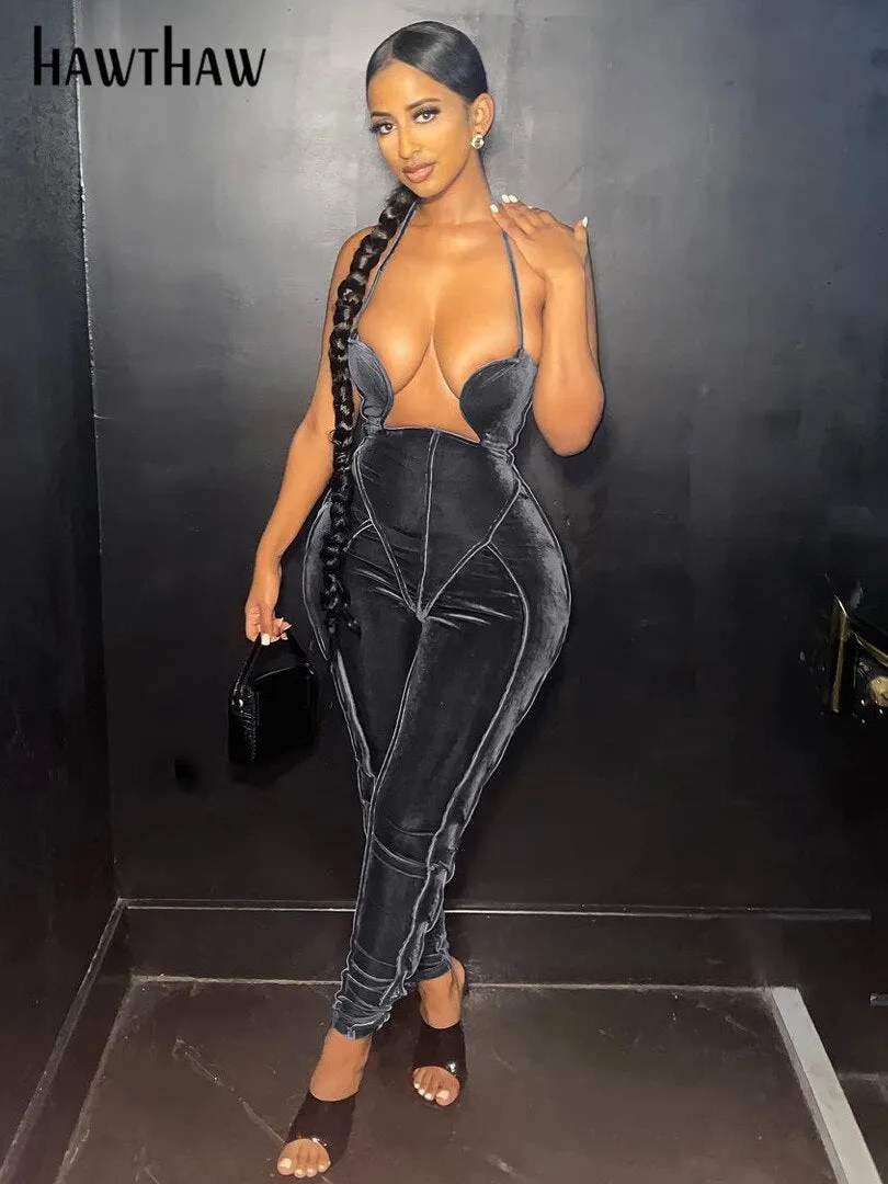Znbbw Women Halter Sleeveless Velvet Bodycon Patchwork Jumpsuit Overalls One Piece Outfit 2023 Summer Clothes Dropshipping - Image 2