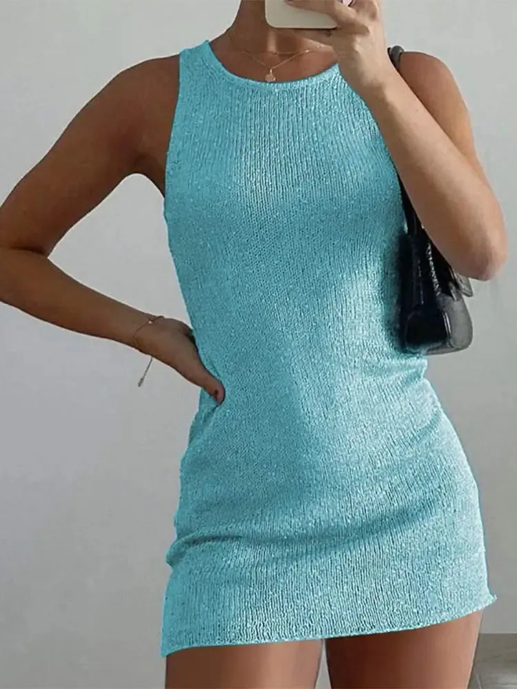 Znbbw Women Glitter Knitted Sleeveless Mini Dresses Elegant O-neck Slim Fit Club Beach Robes 2024 Summer New Ladies Party Fashion Wear - Image 4
