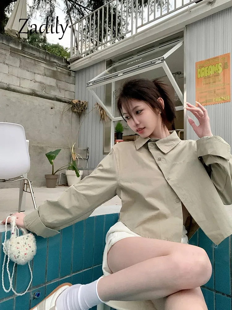 znbbw 2023 Summer Office Lady Long Shirt Women Crop Shirt Korea Style Asymmetrical Button Up Woman Blouse Work Female Clothing - Image 6