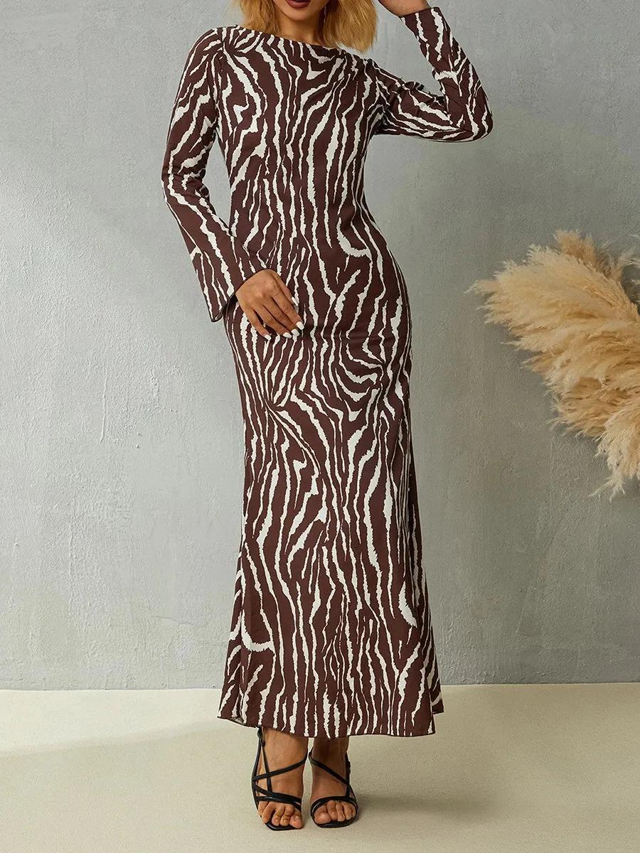 Znbbw Women Spring Autumn Maxi Dresses Zebra/Floral Print Long Flared Sleeve Round Neck Slim 2000s Aesthetic Long Dress Streetwear - Image 3