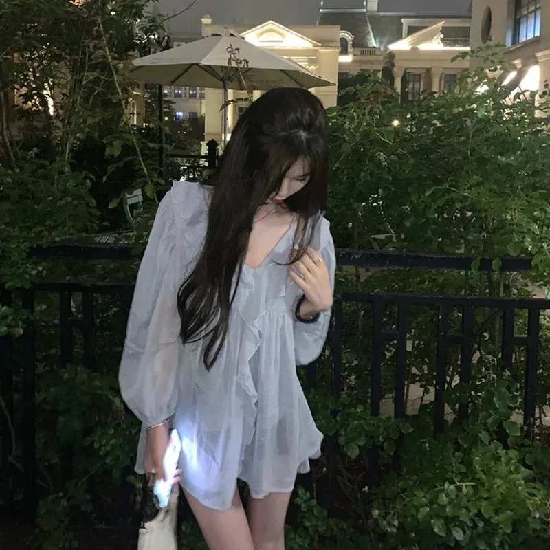 Znbbw Autumn Sweet Elegant Chiffon Blouse Women Blue Casual Korean Fashion Blouse Female Ruffle High Street Designer Clothing New - Image 4