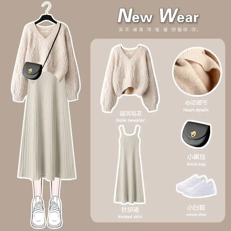 Znbbw Women's Knitted Sweater Skirt Two Piece Set Women Slim Elegant Tops Female Sweater Dress Suits Lady Knitting Outfit - Image 2