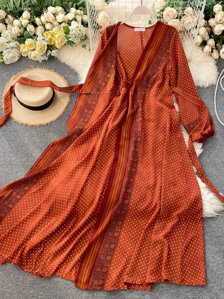 Znbbw Autumn Women's Holiday Dress 2024 New Thin Chiffon Retro Print Lace-up Waist Slim Long Dress for Women LL975 - Image 2