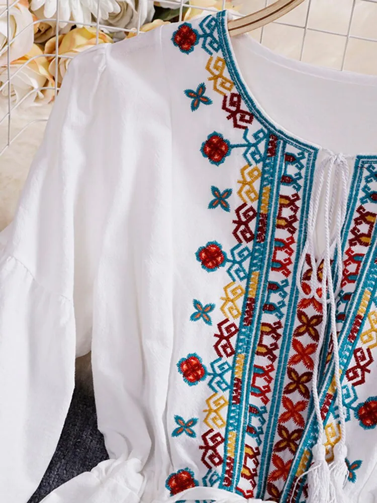 Znbbw Autumn Women Dresses Bohemian Embroidered Flower O-Neck Lantern Sleeve High Waist Dress All-match Female Vestidos GD629 - Image 2