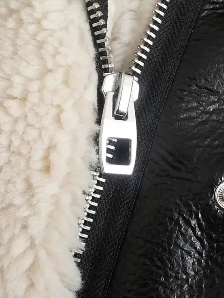 Znbbw Women Streetwear Faux Lamb Leather Fur Lapel Crop Jacket Autumn Female Moto Biker Thick Warm Sheepskin Outwear Coat - Image 5