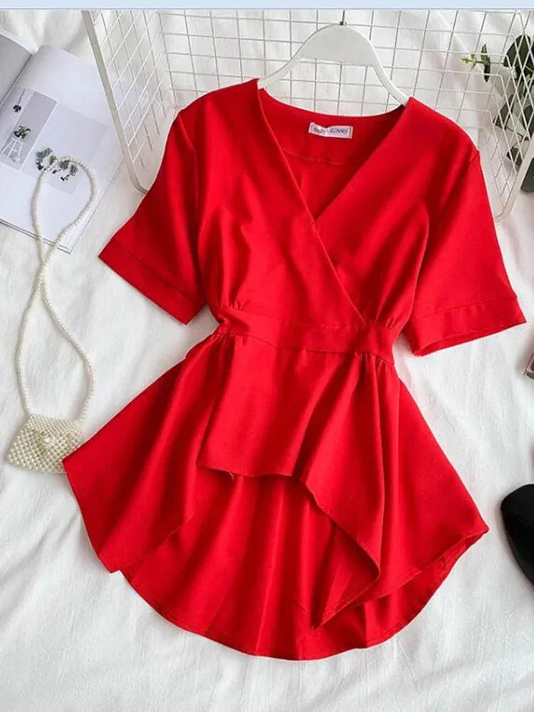 Znbbw Women's Shirt Korean Fashion Black Red Solid Color V-neck Short Sleeve Ruffled Tops Blouses GD471