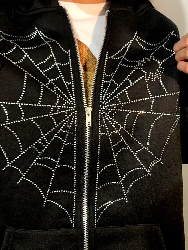 Znbbw Y2k Harajuku Men's Hoodie Halloween Hot Drill Spider Web Print Korean Sweatshirt Y2K Gothic Vintage Sweatshirt Men's Winter - Image 3