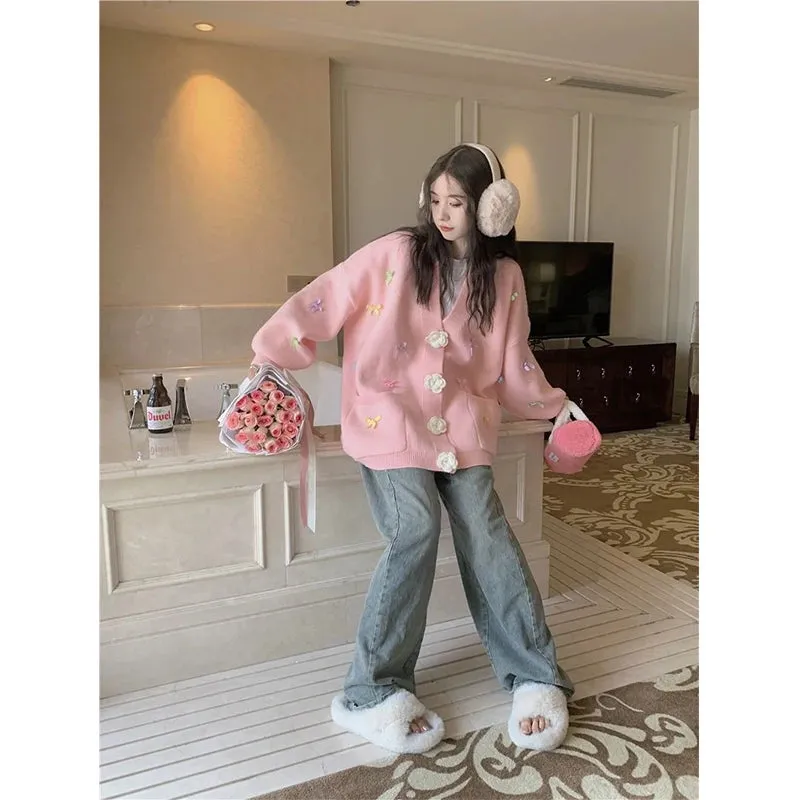 Znbbw 3D Flowers Knitted Cardigan Women Kawaii Bow V Neck Sweater Coat Korean Cute Oversized Knitwear Streetwear Casual Jumper - Image 4