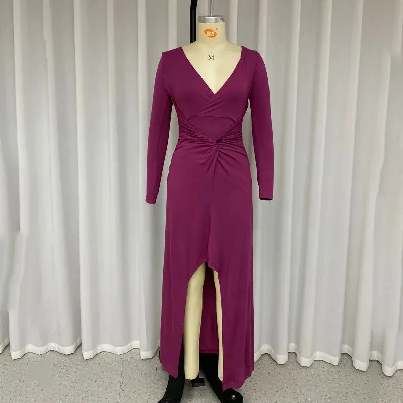 Znbbw Women Maxi Dress Summer Fashion Solid V Neck Slit Long Sleeve Pleated Nipped Waist Slim Sexy Evening Party Long Dresses - Image 4